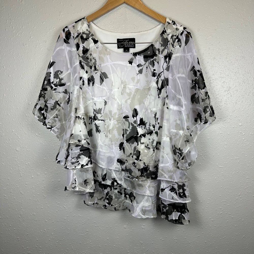 Alex Evenings 1X Blouse White Black Floral Tiered Formal Chiffon Asymmetrical